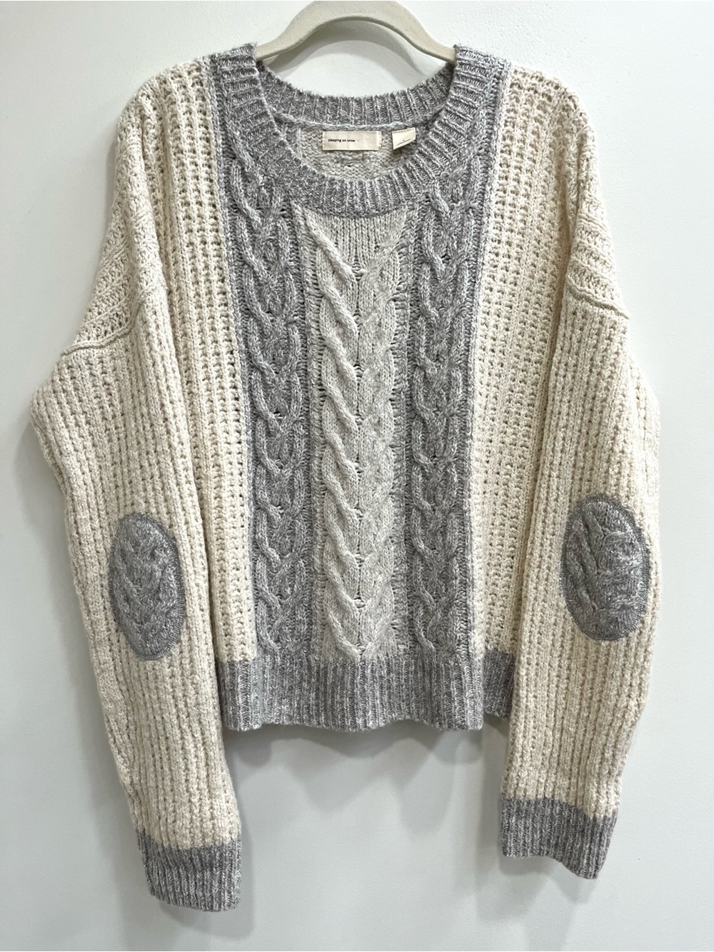Anthropologie Sleeping On Snow Cable Knit Sweater Cream Gray Elbow Patches LG